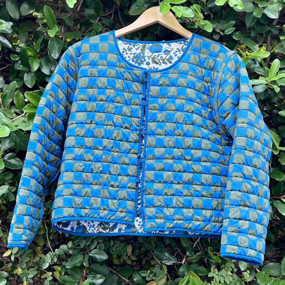 SZ Blockprints Reversible Quilted Jacket (L) Moss Double Check & Padra Prints